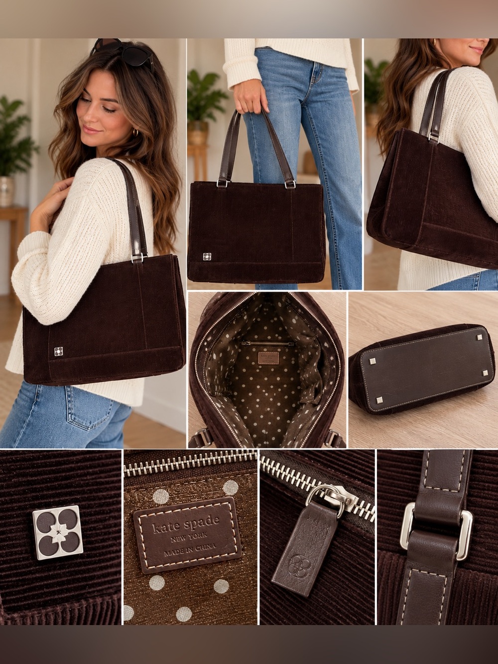 Kate Spade Vintage Brown Corduroy Leather Shoulder Tote Bag Y2K
